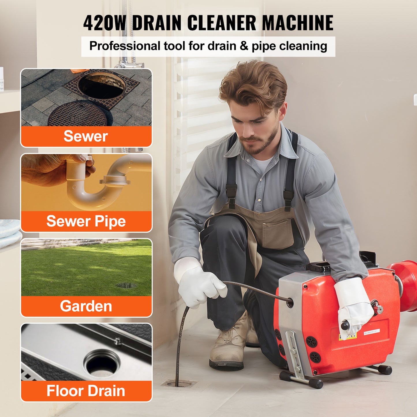 Ontstoppingsmachine – Rioolontstopper – Afvoerontstopper – Drain Cleaner – Kabelontstopper – 120 ft Stalen Kabel – 420W Motorvermogen