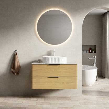 Badmeubel – Badkamermeubel – Wastafelmeubel – Onderbouwkast – Wastafel – 90 cm – Travertijn Sintered Stone Blad – Zwevend Multiplex Met Eiken Houtnerf