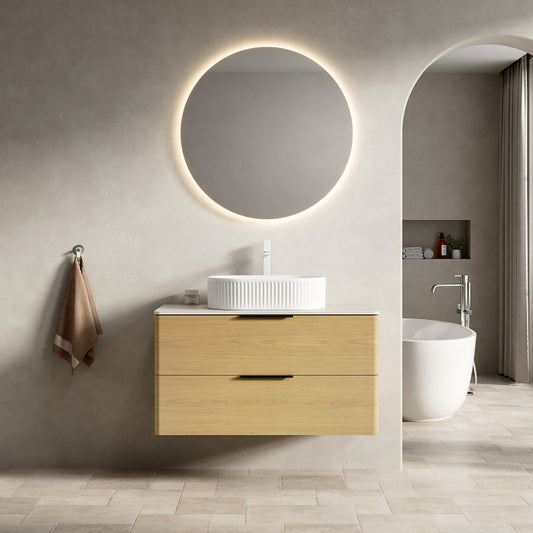 Badmeubel – Badkamermeubel – Wastafelmeubel – Onderbouwkast – Wastafel – 90 cm – Travertijn Sintered Stone Blad – Zwevend Multiplex Met Eiken Houtnerf