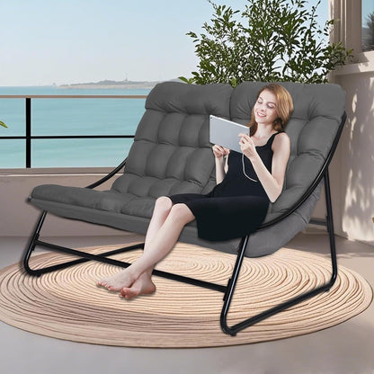 Relaxstoel dubbele relaxfauteuil – Schommelstoel – Loungestoel – Fauteuil – Ligstoel – Ergonomisch met armleuningen – Lichtgewicht en draagbaar – Grijs – Verstelbare rugleuning – Stevig metalen frame