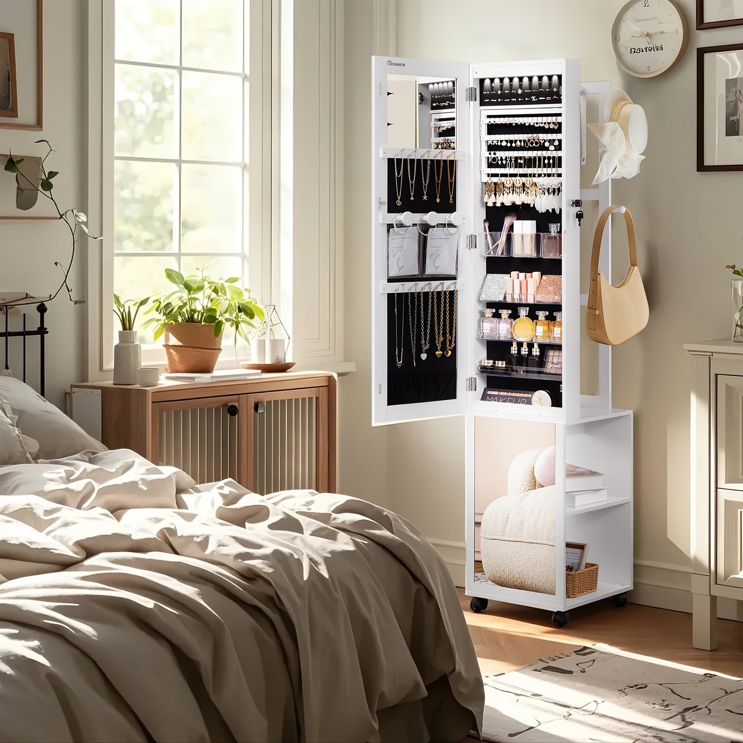 Juwelenkast – Sieradenkast – Sieraden Organizer – Spiegelkast – Staande Opberger – Witte Kast Met Beige Voering – 5-in-1 Opbergsysteem – Compact En Duurzaam
