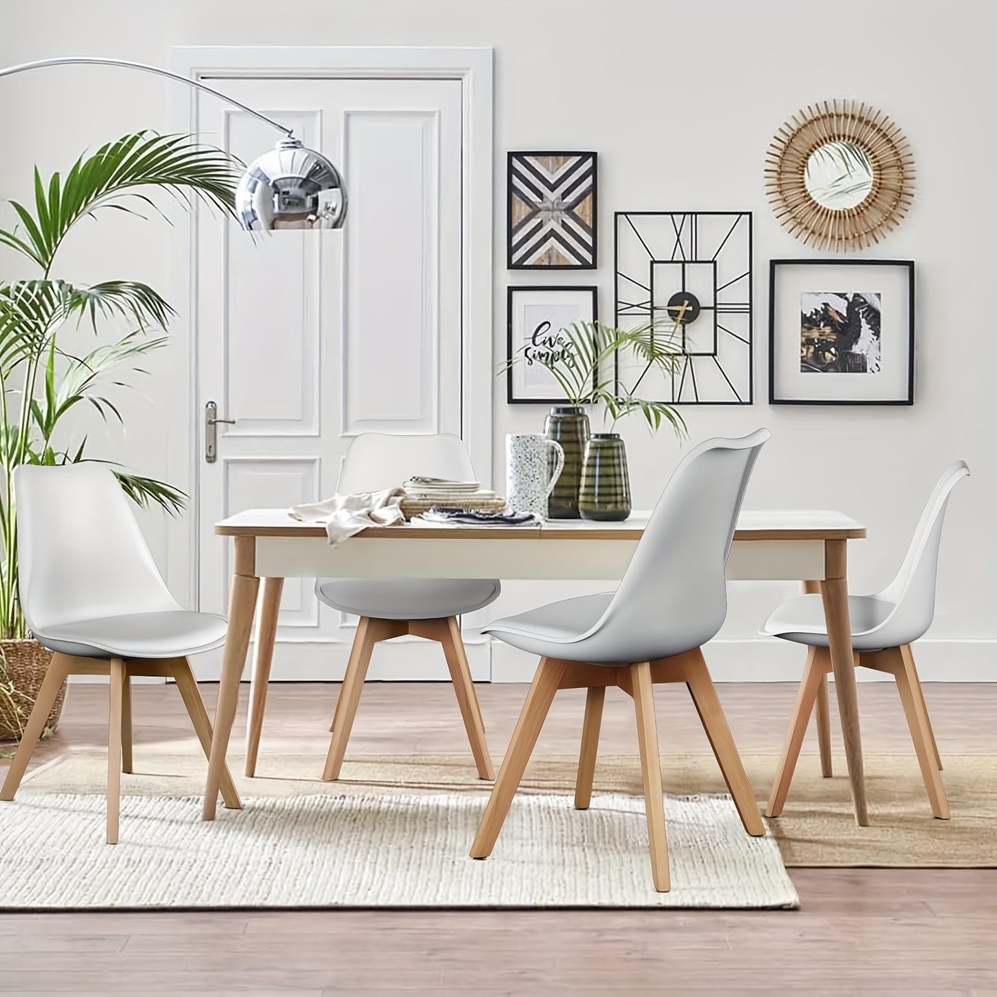 Eetkamerstoel – Stoel – Kuipstoel – Keukenstoel – Woonkamerstoel – Set Van 4 – Wit PU Leder – Hardhouten Frame – Comfortabele Gebogen Rugleuning – Eenvoudig Schoon Te Maken