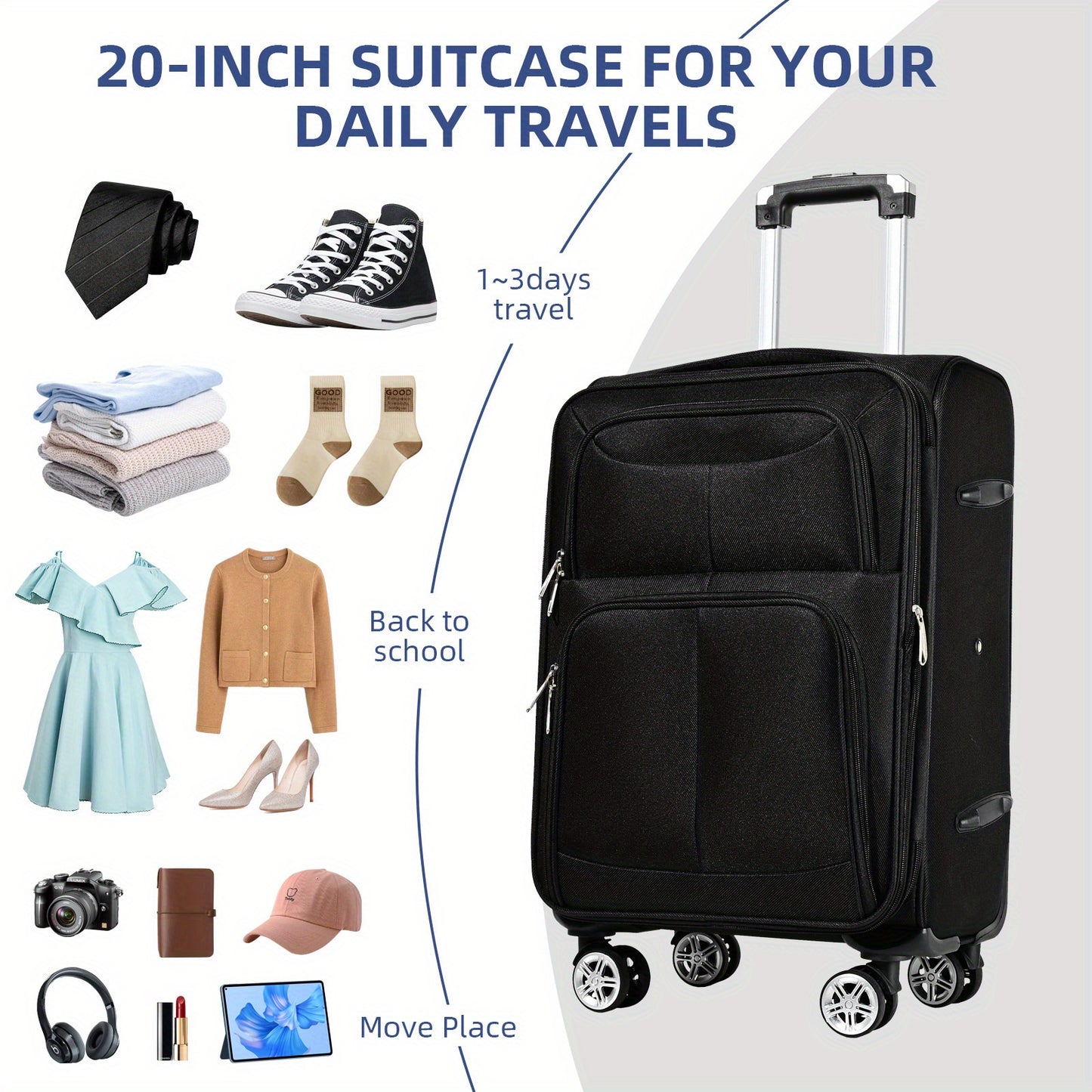 Koffer – Reiskoffer – Trolley – Handbagage – Multi-combinatie – Krasbestendig Oxford-stof – 360° Spinnerwielen – Lichtgewicht – Handbagageformaat
