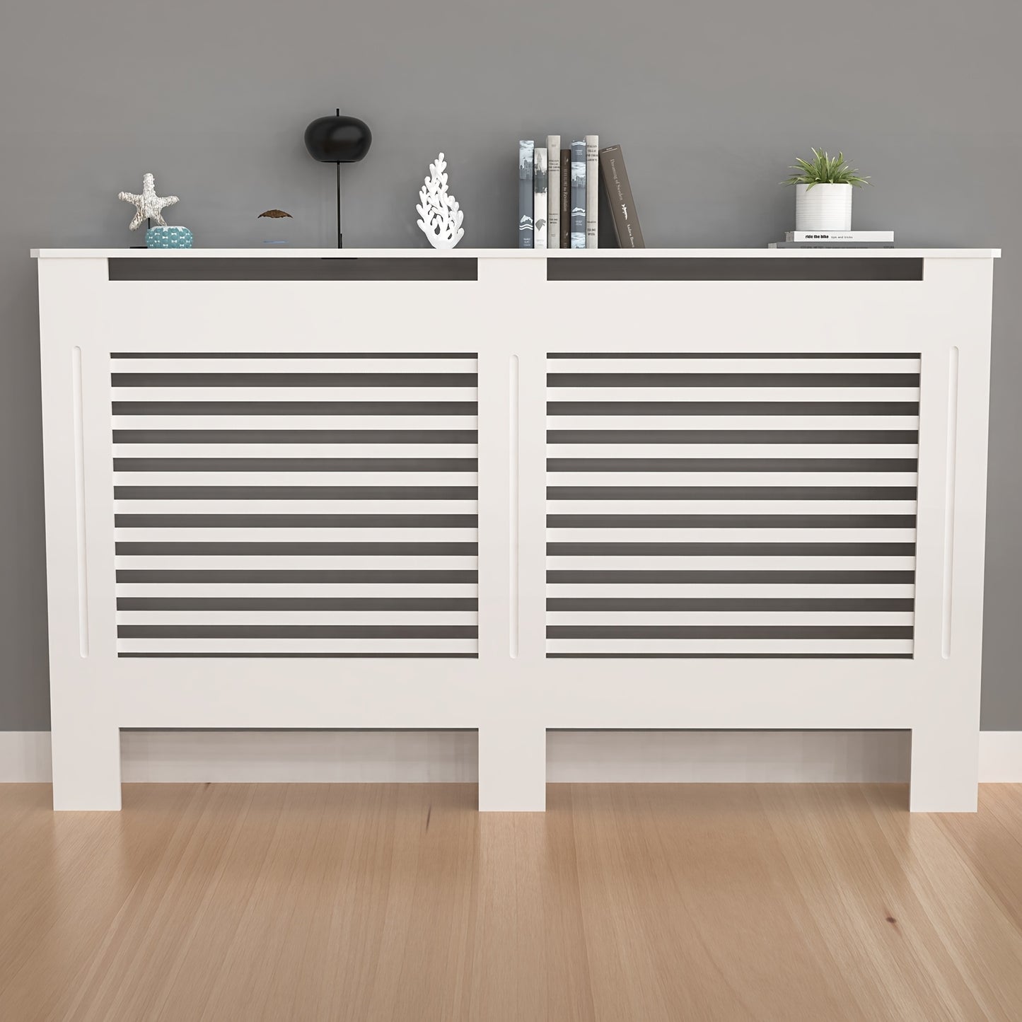 Radiatorombouw – Radiatorkast – Verwarmingsdeksel – Radiatorbekleding – Radiatorafdekking – Wit Houten Design – 100 cm Hoog – 3,2 Cu Ft Opbergruimte – Ventilerend Lamellenpatroon