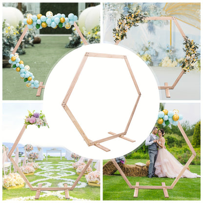 GDRASUYA10 Contemporary Hexagonal Wooden Stand for Weddings, Parties & Home Decor - Freestanding Rustic Photo Backdrop with Vibrant Floral Accents, Wooden Decor, Party Decoration, Elegant Design, Natural Texture