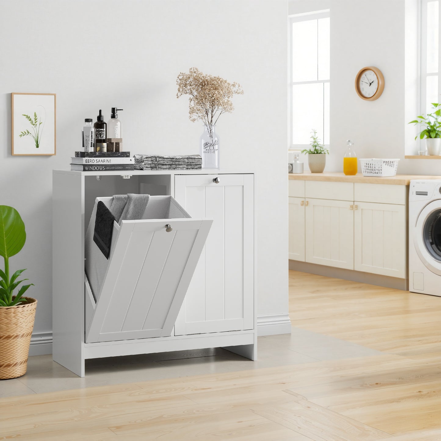 White Metal Storage Cabinet with Tilting Mechanism & Detachable Laundry Basket - Freestanding Entryway Shelf Unit Suitable for, Bedroom, Apartment - Easy Assembly, Space-Saving Modern Furniture (3.2 Cu Ft Closed Storage)