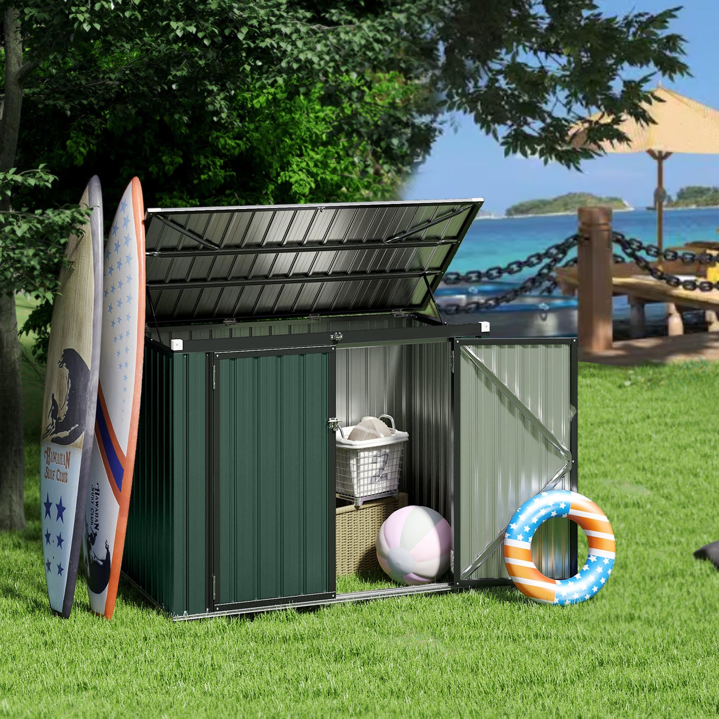 Buitenafvalbak – Tuinschuur – Opslagbox – Afvalcontainer – Tuinberging – Grote Lockable Buitenopslag – Gegalvaniseerd Stalen Frame – 172 x 95,5 x 130 cm