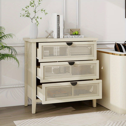 Dressoir – Kast – Opbergkast – Ladekast – Buffetkast – Modern Woven Honeycomb Design – 3 Lades Met Verwisselbare Deurpanelen – Duurzaam Niet-Houten Materiaal – Compact 80 cm Breed – Beige/Witte Afwerking Met Gouden Accenten