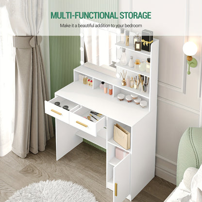 Make-up Tafel – Dressing Table – Kaptafel – Schminktisch – Vanity Table – Witte Make-up Tafel – 10 LED Lampjes Met Verstelbare Helderheid – 2 Lades, Kastje En Opbergruimte