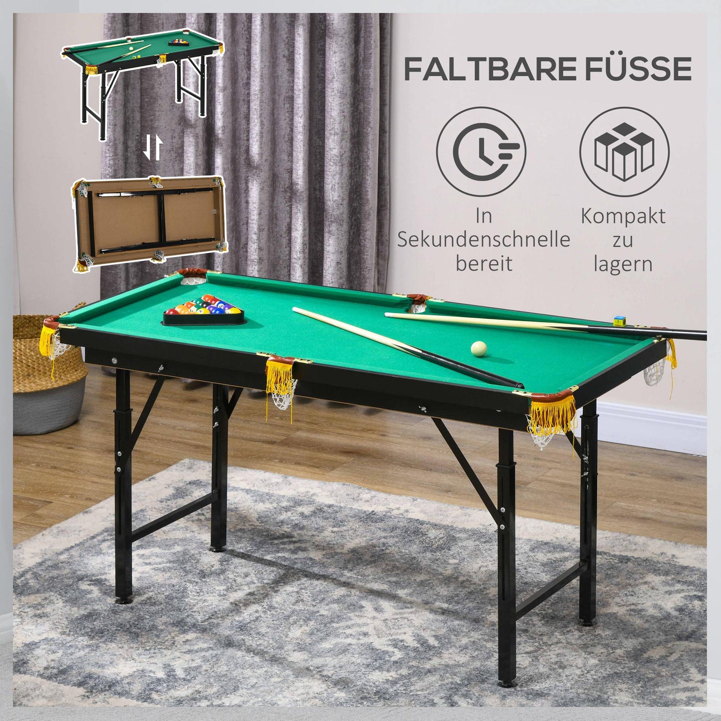 Opvouwbare Biljarttafel – Biljarttafel Vintage – Speeltafel – Pooltafel – Groene Biljart Set – Verstelbare Hoogte – Compleet Met Keuen En Ballen