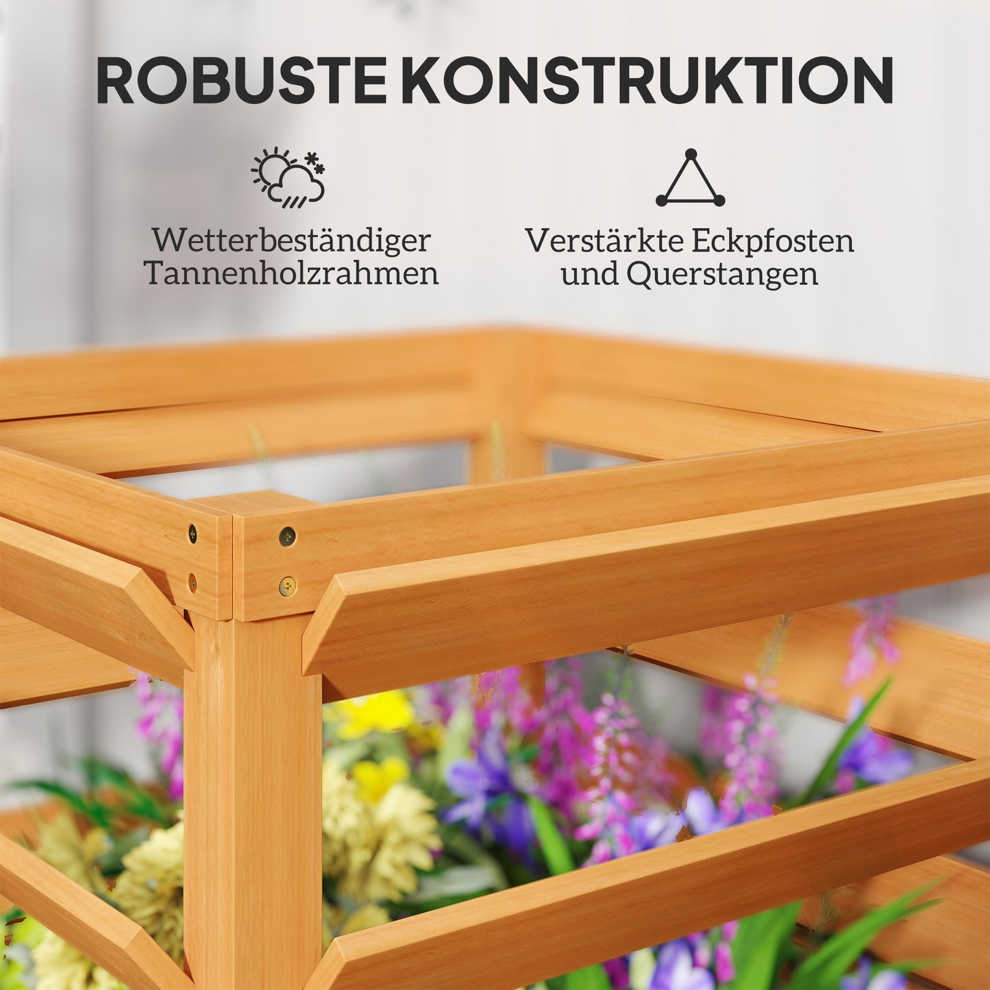 Raised Garden Bed with Trellis, Wooden Planter Box with Climbing Frame, 65 x 65 x 60 cm, Caramel Brown