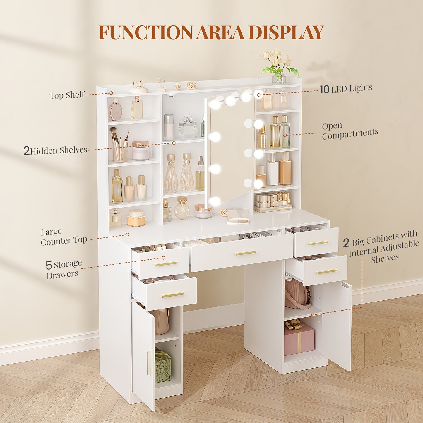 Make-up Tafel – Kaptafel – Schminktisch – Vanity Table – Opmaaktafel – Wit – 5 Laden & 9 Open Vakken – Spiegel Met Verborgen Opbergruimte – MDF & Kurk – 108 cm Breed – Plug Powered – Eenvoudige Montage