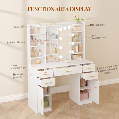 Make-up Tafel – Kaptafel – Schminktisch – Vanity Table – Opmaaktafel – Wit – 5 Laden & 9 Open Vakken – Spiegel Met Verborgen Opbergruimte – MDF & Kurk – 108 cm Breed – Plug Powered – Eenvoudige Montage