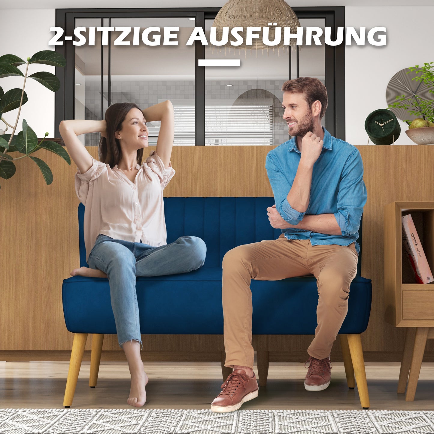 2-zits bank – tweezitsbank – loveseat – compacte bank – sofa – retro design – massief houten poten – dieppaarsblauwe stof