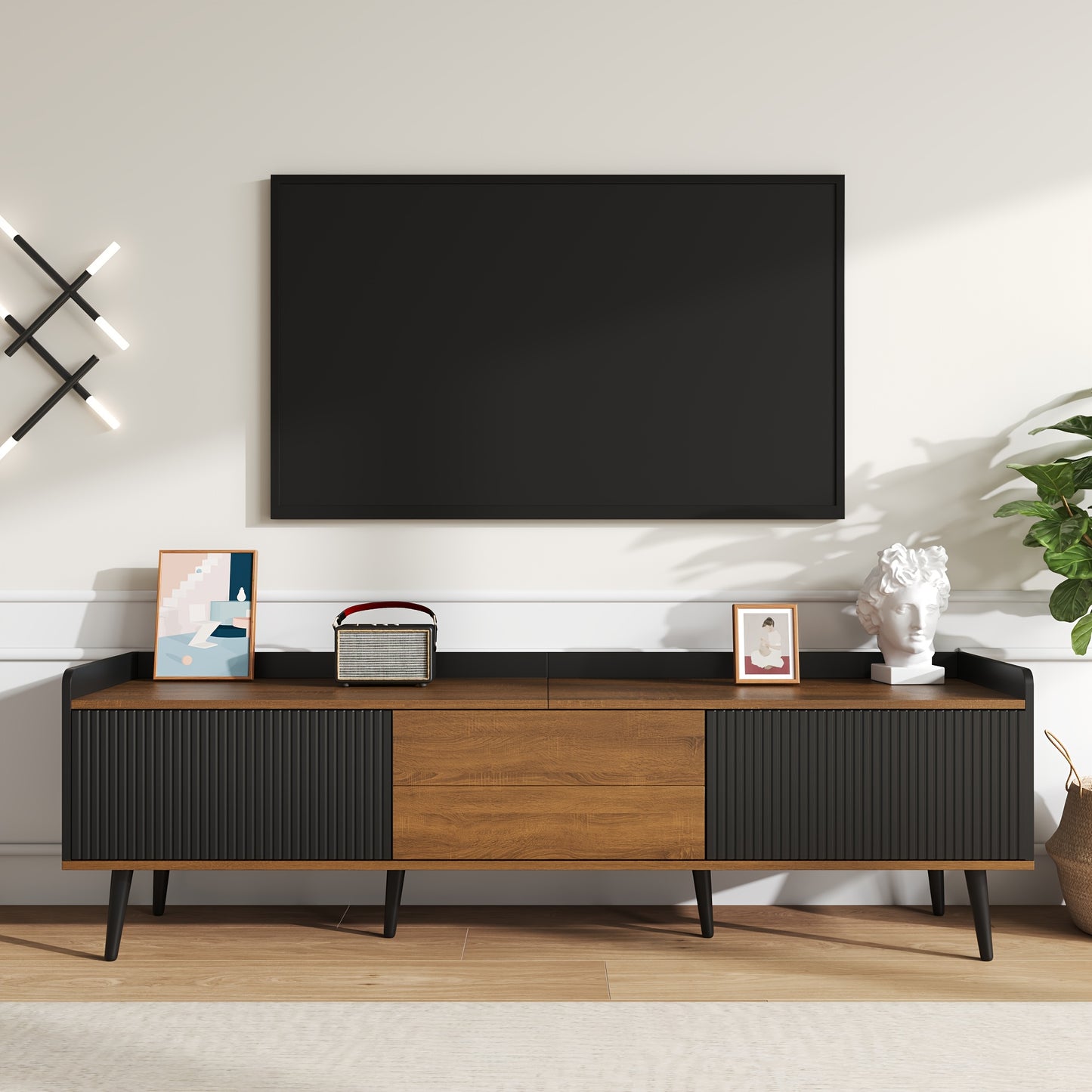 Tv Meubel – Tv Kast – Tv Meubel met Opbergruimte – Tv Dressoir – Mediameubel – Stevig Bamboe – Ruimtebesparend Design – Zwart/natuurlijk bruin – Vrijstaand – 68,5 cm Hoog – Kabelmanagement