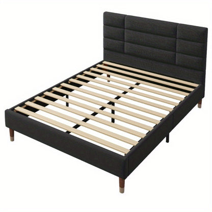 Tweepersoons Bedframe – Bedbodem – Boxspring – Bedframe Met Matras – Slaapbank – Zwart Linnen Gestoffeerd – 140x200 Cm – Inclusief Slatted Basis Met Donzen Kern Matras