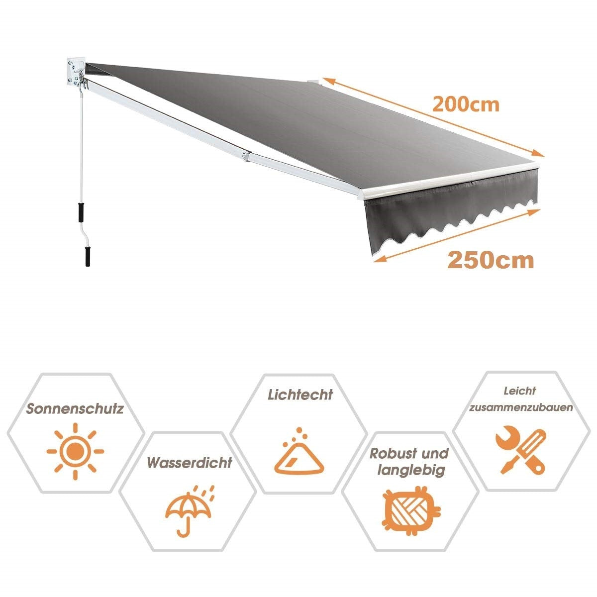 Zonnescherm Verstelbaar – Zonwering Markies – Terrasscherm – Balkonzonwering – Patio Zonnescherm – Aluminium Frame – Waterdicht & UV-Bestendig – 250 x 200 cm – Handbediening Met Slangschijf