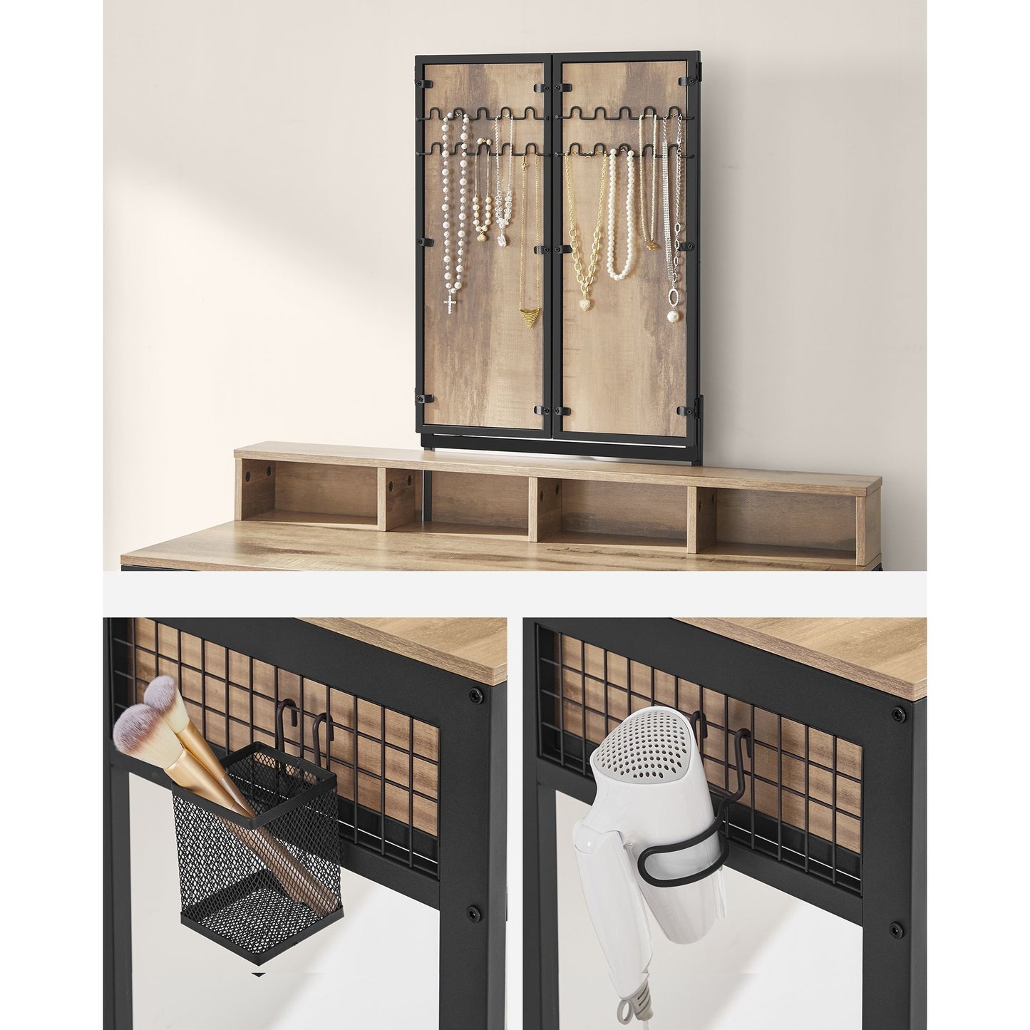 Kaptafel – Make-up Tafel – Opmaaktafel – Cosmetica Tafel – Schoonheidstafel – Industriële Stijl – Drie Lades & Driedelige Spiegel