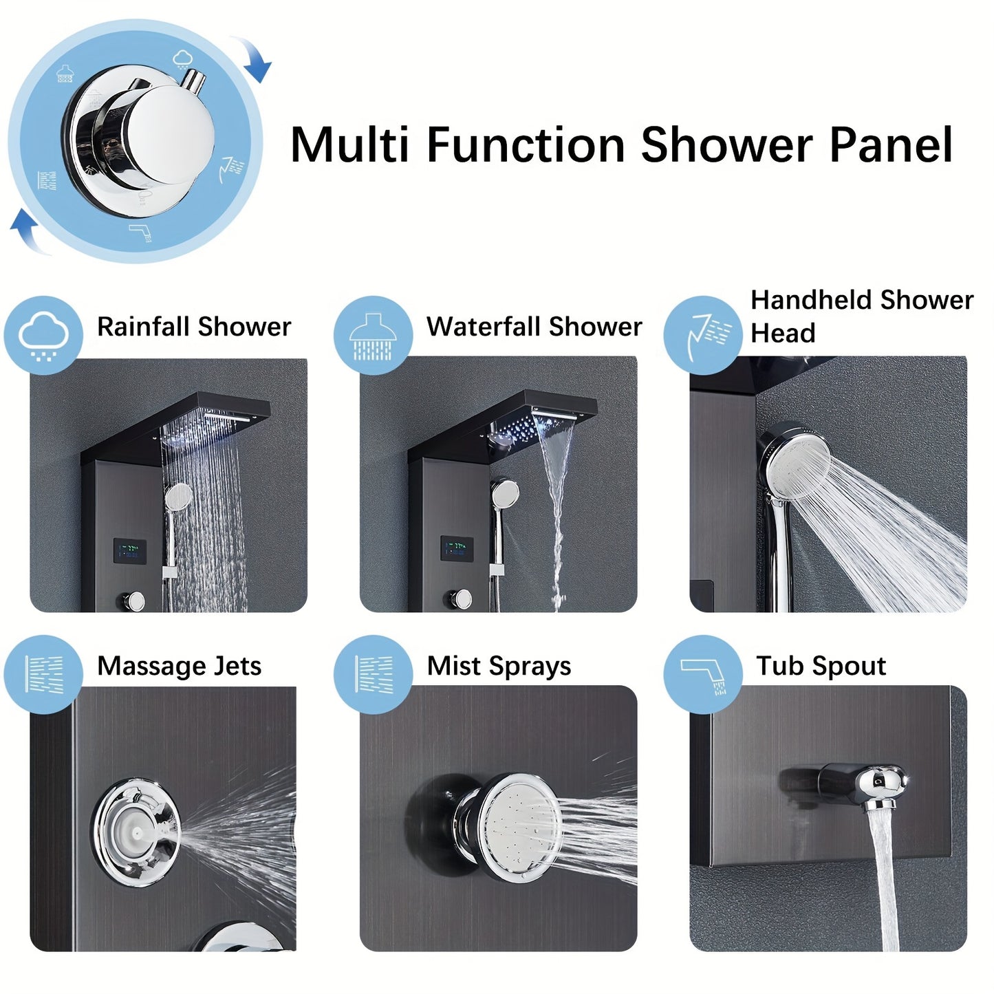 6-in-1 Douchepaneel – Douche Systeem – Regendouche – Massagedouche – Handdouche – Mat Zwart – RVS Staal – LCD Temperatuur Display – Waterval & 8-Standen Massage
