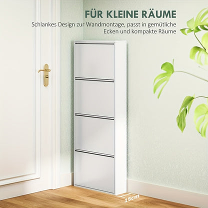Narrow Metal Schoenkast – Smalle Schoenenkast – Wandgemonteerde Schoenenrek – Schoenopberger – Schoenenschap – Wit – Ruimtebesparend – 4 Kleppen Voor 8 Paar – 55x15x139,5 cm
