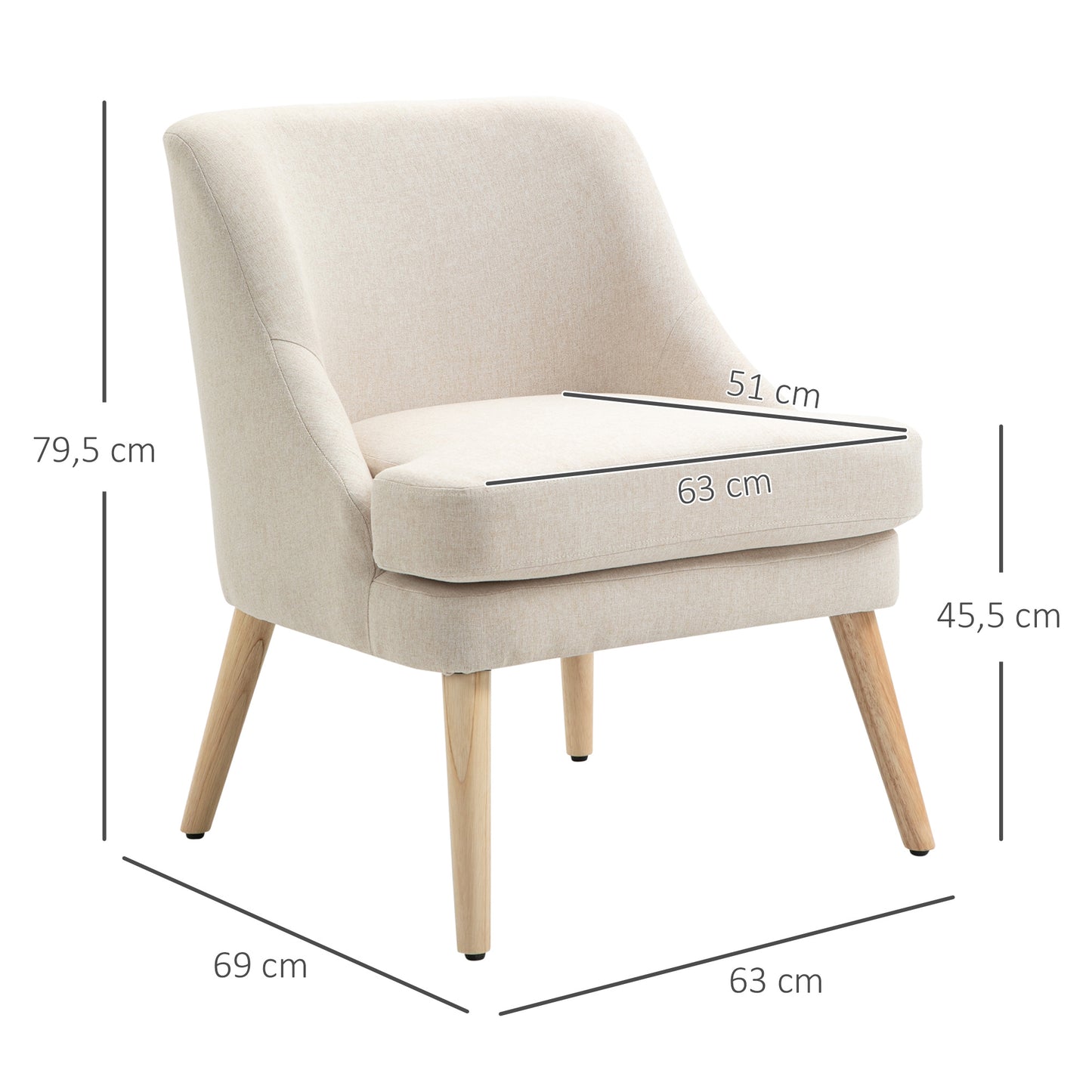 Fauteuil – Lounge Stoel – Armstoel – Leunstoel – Relaxfauteuil – Beige – Scandinavisch Design – Linnen Stof Met Houten Poten