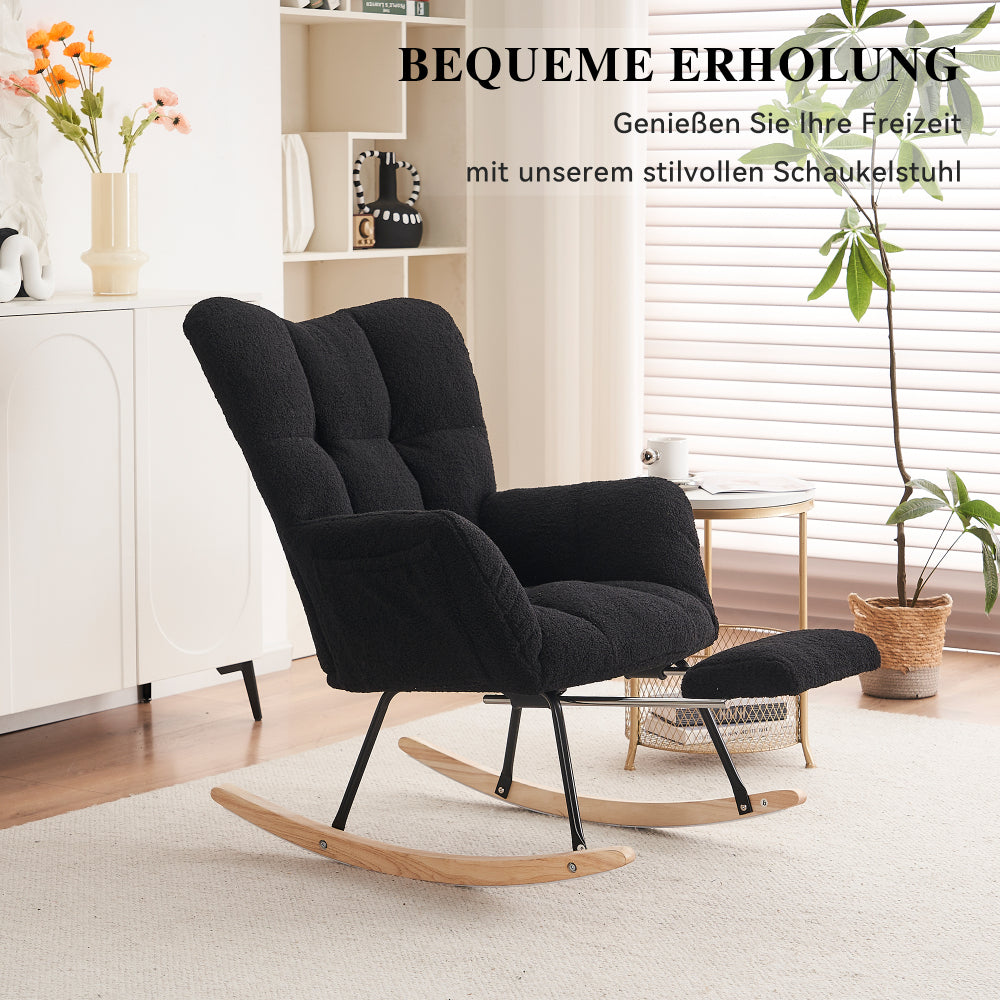 Contemporary Black Rocking Chair with Padded Teddy Bear Taffeta Cover & Extendable Footrest - Heavy-Duty Metal Frame, Easy Assembly, Soft Cushioned & Backrest, Hard Floor Compatible - Modern Accent Chair for Living Room, Bedr