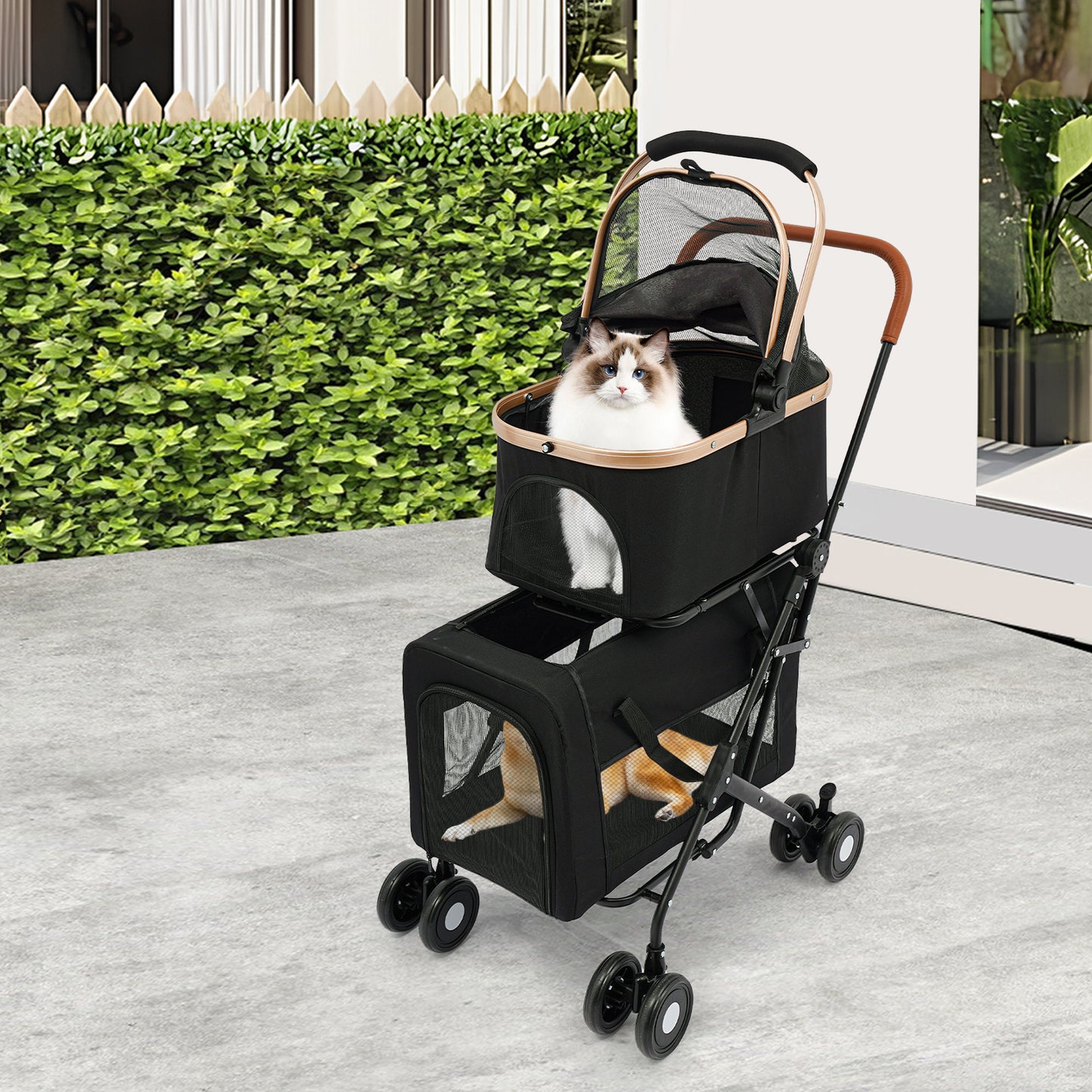 3-in-1 Heavy-Duty Two-Tier Pet Stroller Compatible for Dogs & Cats - Heavy-Duty Oxford Fabric & Frame, Spacious 2-Tier Kennel with Ventilation, Design & All-Terrain Wheels - Lightweight Portable Cart for Twins/Pets