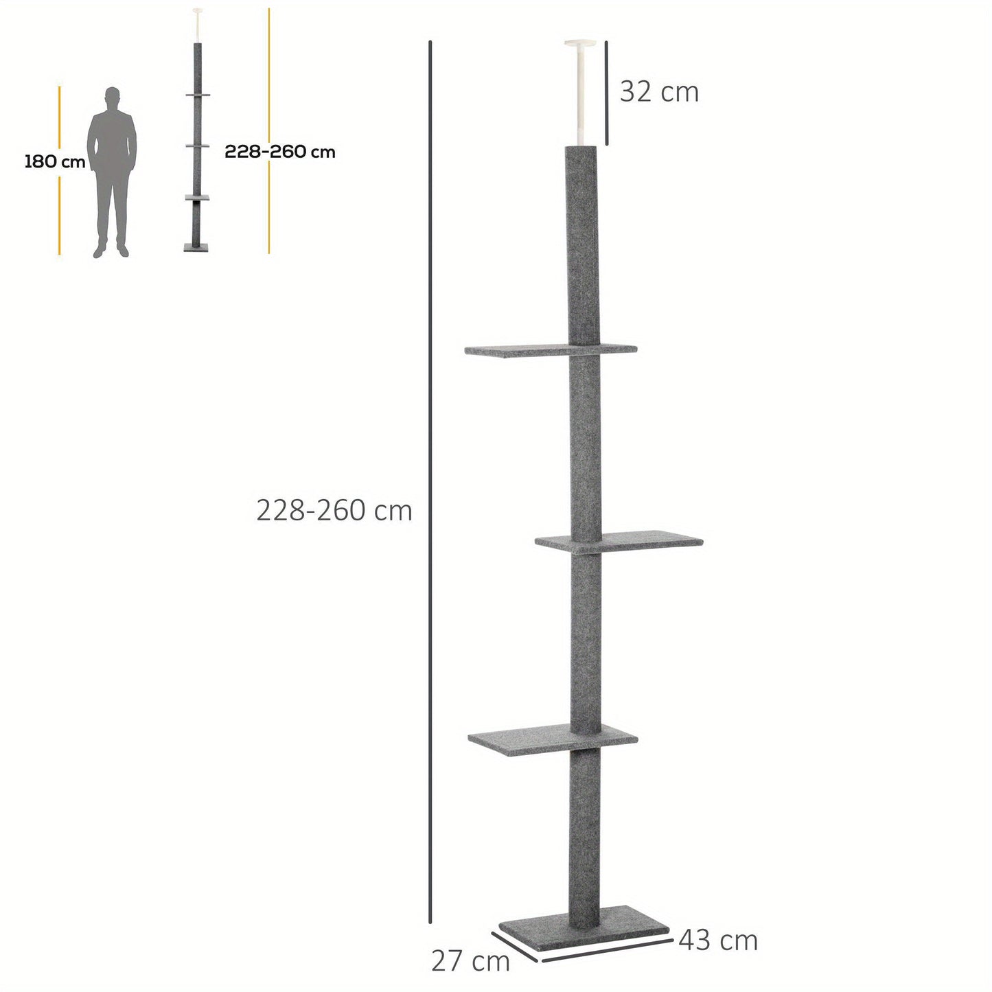 Kattenkrabpaal – Kattenboom – Krabmeubel – Klimpaal – Activiteitentoren – Verstelbaar 228-260 cm – Zachte Bekleding – Vloer-Plafond Bevestiging – Grijs