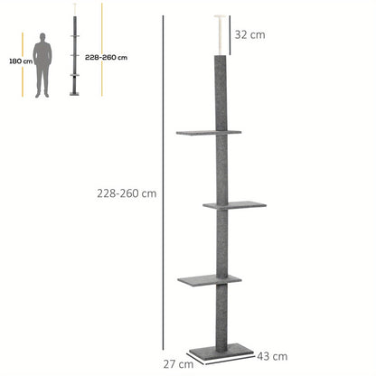 Kattenkrabpaal – Kattenboom – Krabmeubel – Klimpaal – Activiteitentoren – Verstelbaar 228-260 cm – Zachte Bekleding – Vloer-Plafond Bevestiging – Grijs
