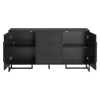 Modern Black Sideboard Cabinet with Herringbone Pattern - Heavy-Duty Metal Construction, 2 Doors & 3 Drawers, Freestanding Storage Organizer for Living Room, Kitchen, Dining Room - Contemporary Home Decor Furniture, Kitchen S