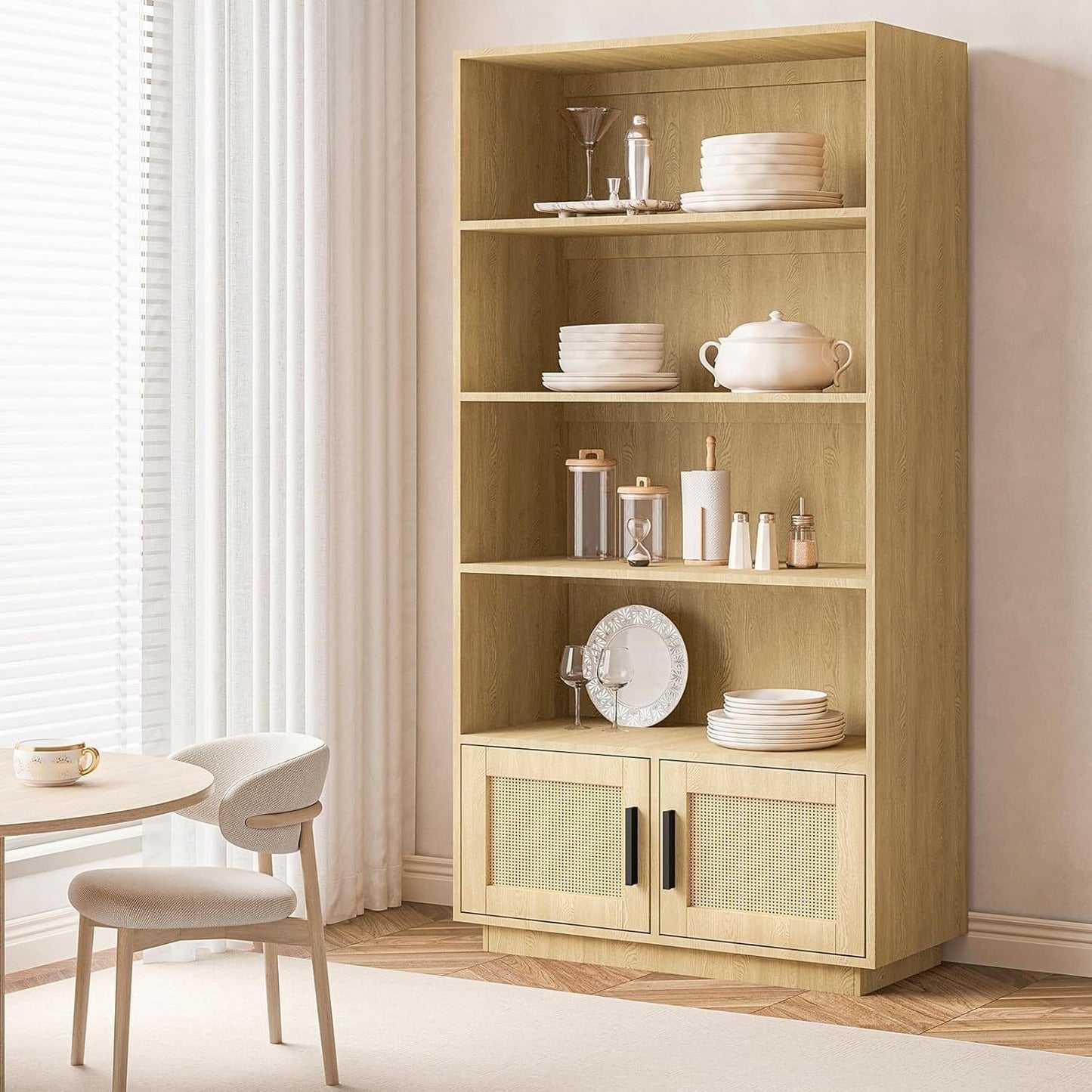 Boekenkast – Boekplank – Opbergkast – Vakkenkast – Boho Kast – 5-laags met Rieten Deuren – Natuurlijke Houtlook – Stevig Vloerstaand Ontwerp