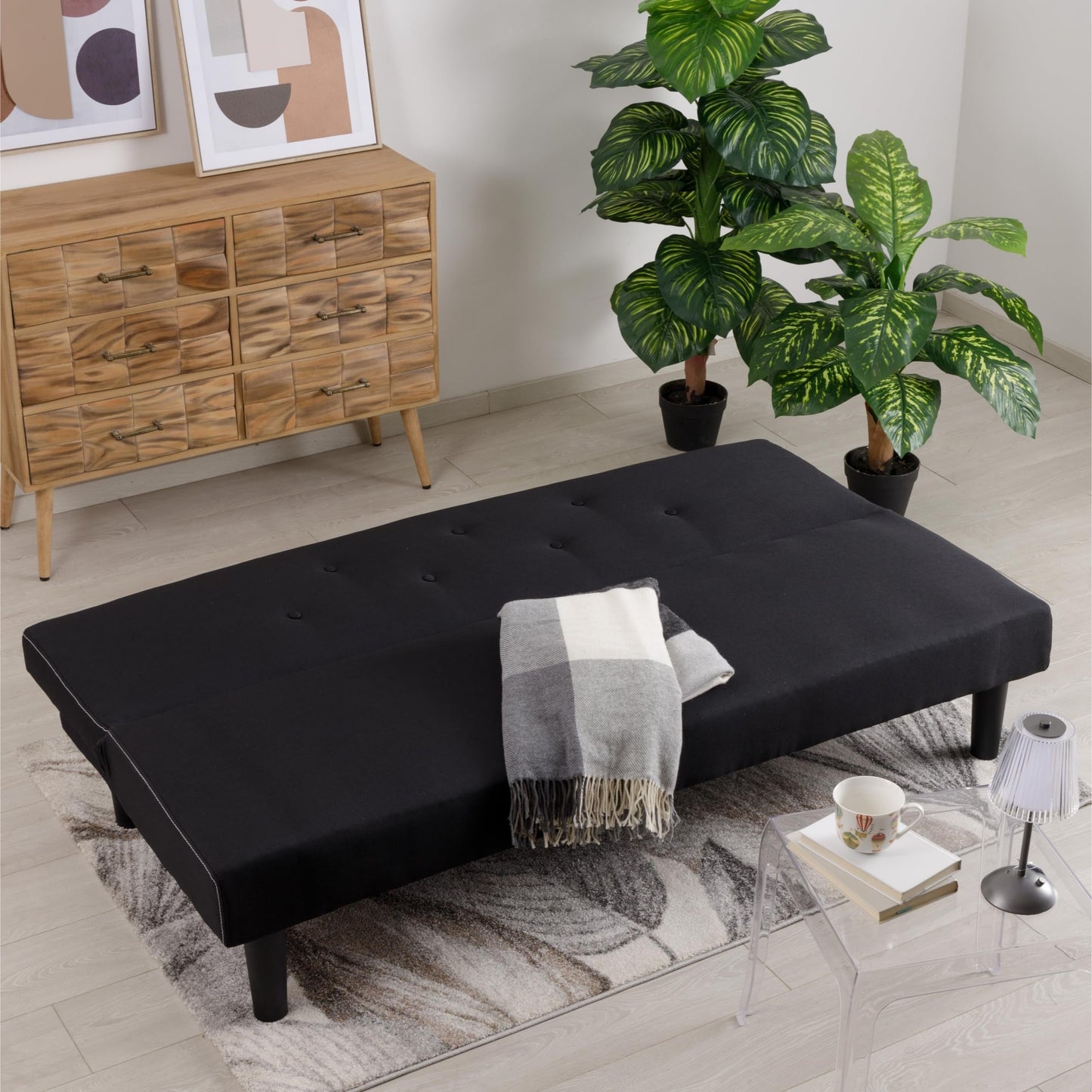 Bankbed – Slaapbank – Bedbank – Sofa – Logeerbed – 3-Zits Stoffen Bekleding – Houten Frame 200 kg Draagvermogen – Inklapbare Rugleuning 93 cm Breedte