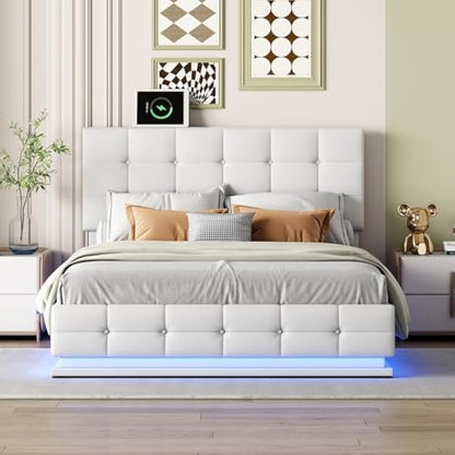 Boxspringbed – Boxspring – Bed – Tweepersoonsbed – Gestoffeerd Bed – LED-verlichting – Opbergruimte 32,5 cm – PU Leder