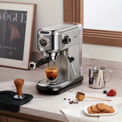 1 Unit CAFELFFEMK-601 Espresso Machine with Milk Frother, 20bar Extraction, Visible Pressure Gauge, Stainless Steel Body, Removable Drip Tray, 1.1L Water Capacity, Coffee Shop Gift Suitable for Lovers/father/mother, Office Eq