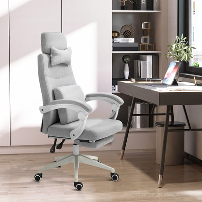 Bureaustoel – Kantoorstoel – Draaistoel – Gamestoel – Office Chair – Verstelbare Rugleuning – Inklapbare Voetensteun – Linnen Bekleding – 360° Wieltjes – Ergonomisch Design – Verstelbare Zithoogte – Grijs – 62x68x127 cm