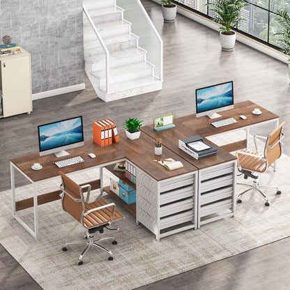 L-vormig Bureau – Hoekbureau – Computertafel – Werkplek Meubel – Bureau Met Laden – 150x110x75 cm – Notenhout & Wit – 4 Laden en 2 Planken – Omkeerbaar en Stevig