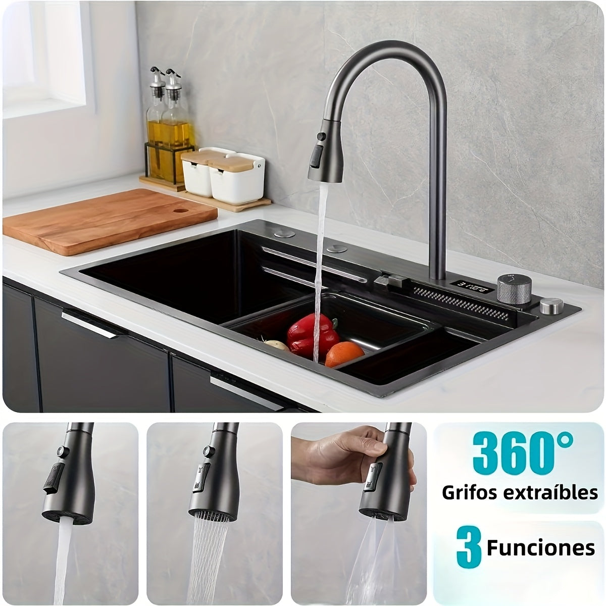 Kitchen Sink, 68*45cm/80*45cm Drop In Waterfall Kitchen Sinks Workstation with Cup Washer, Stainless Steel Undermount Single Bowl Basin with All Accessories, Household Waterfall Sinks