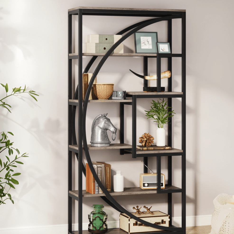 70-Inch Tall Industrial Modern Bookcase with 8 Shelves - Heavy-Duty Wood & Black Metal Frame, Curved Back Panel Design, White/Painted - Sturdy -Standing Storage Unit for Home Office, Living Room, Display Shelving (Assembly Re
