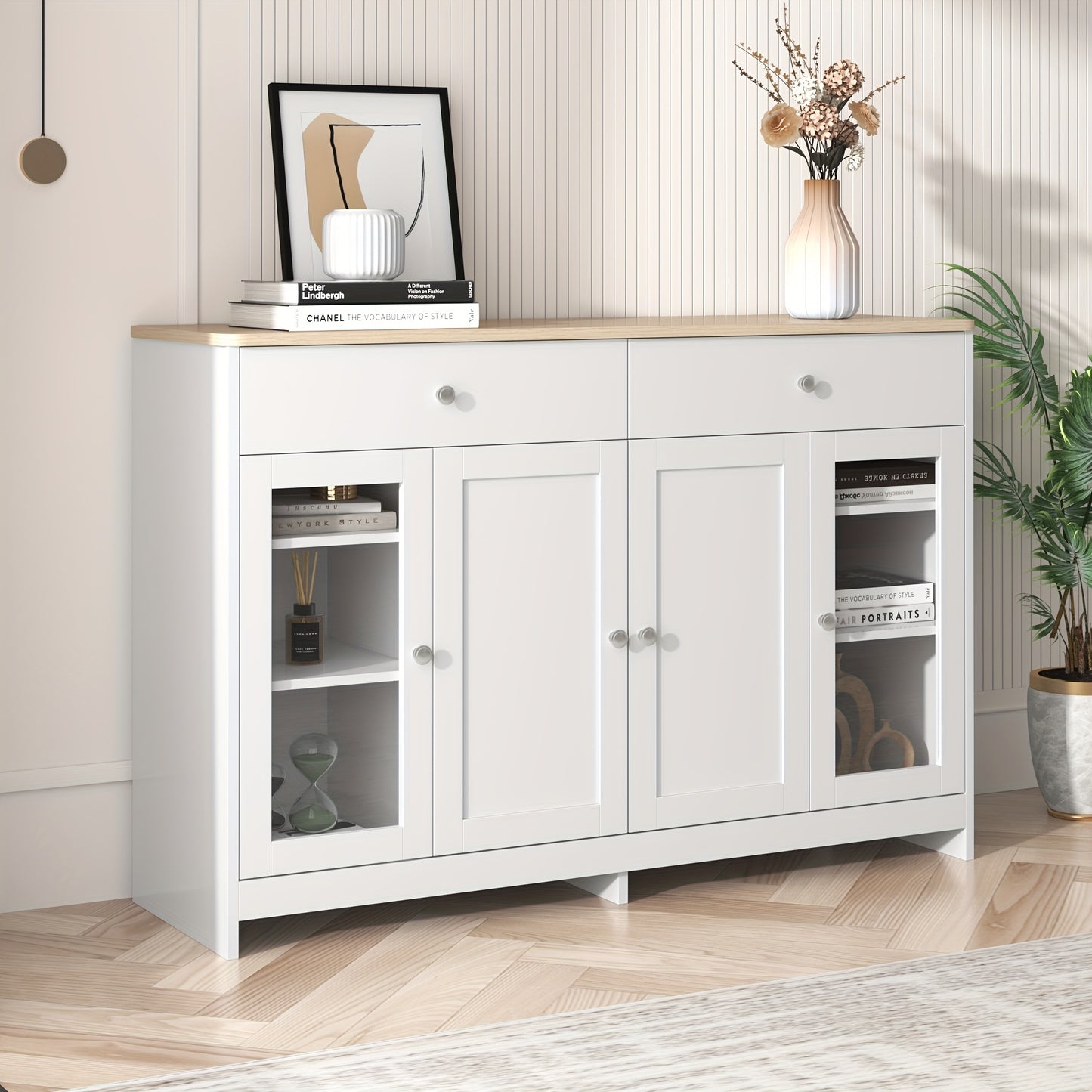 Dressoir – Sideboard – Opbergkast – Kast – Commode – Wit Houtnerf – Glasdeuren & Lades – MDF & Hardhout – Vrijstaand
