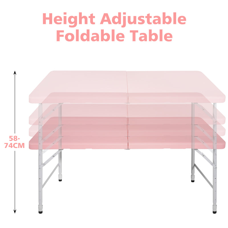 125cm Portable Heavy Duty Folding Table with Handle, Adjustable Height Foldable Table, Multi-Functional Fold up Table for Camping Picnic Parties Indoor/Outdoor, Capacity Weight 135KG (Pink)