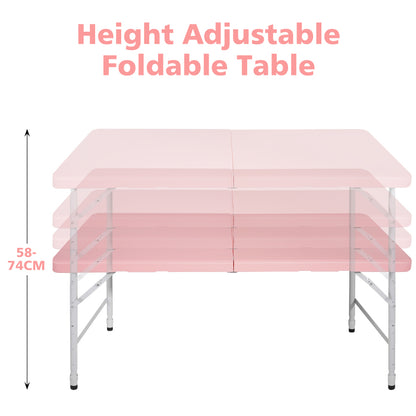 125cm Portable Heavy Duty Folding Table with Handle, Adjustable Height Foldable Table, Multi-Functional Fold up Table for Camping Picnic Parties Indoor/Outdoor, Capacity Weight 135KG (Pink)