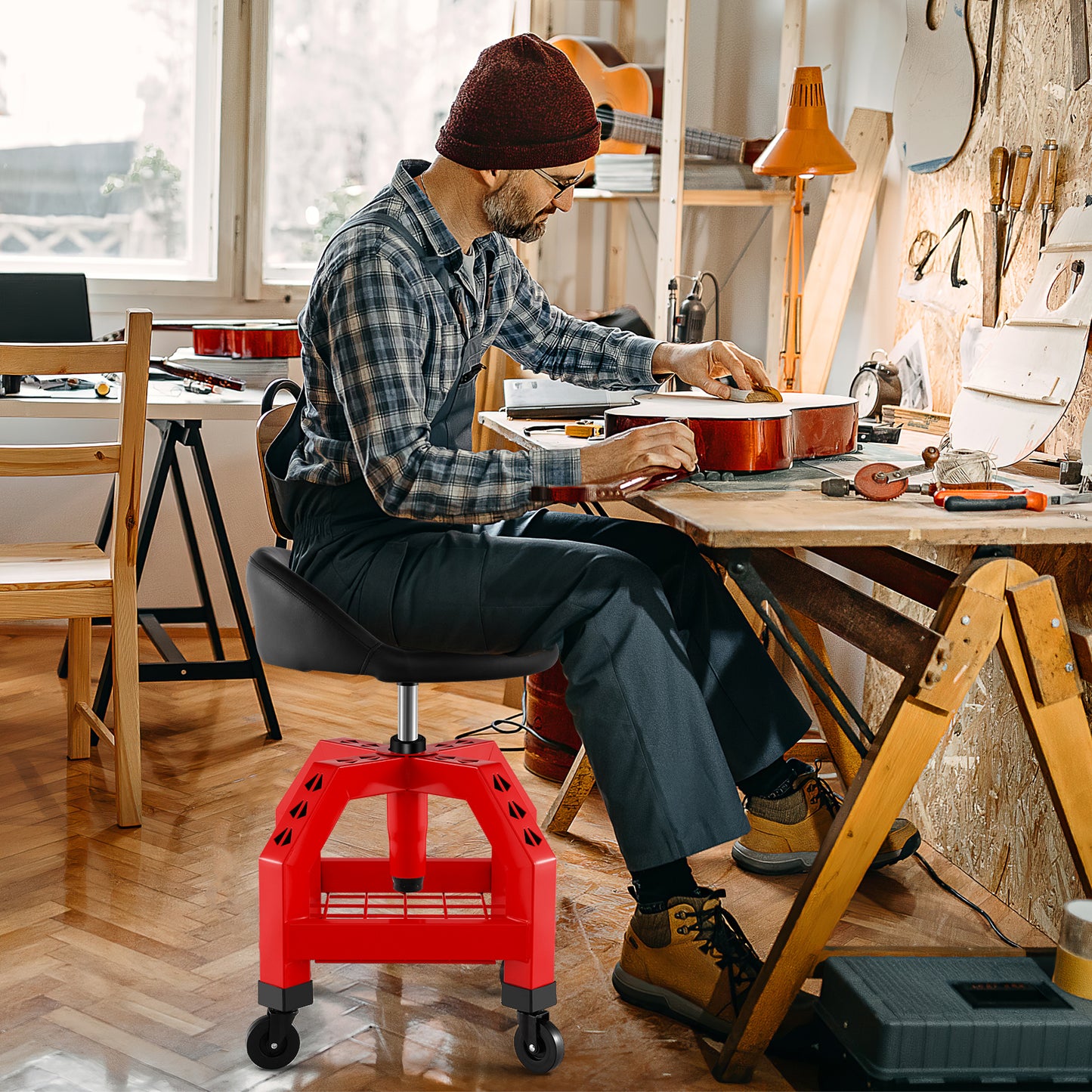 Mechaniekerskruk – Werkkruk – Monteurskruk – Werkstoel – Werkbankkruk – Verstelbare Hoogte – 360° Draaibare Zitting – Met Wieltjes – Met Metalen Frame – Draagkracht 150 kg – Rood