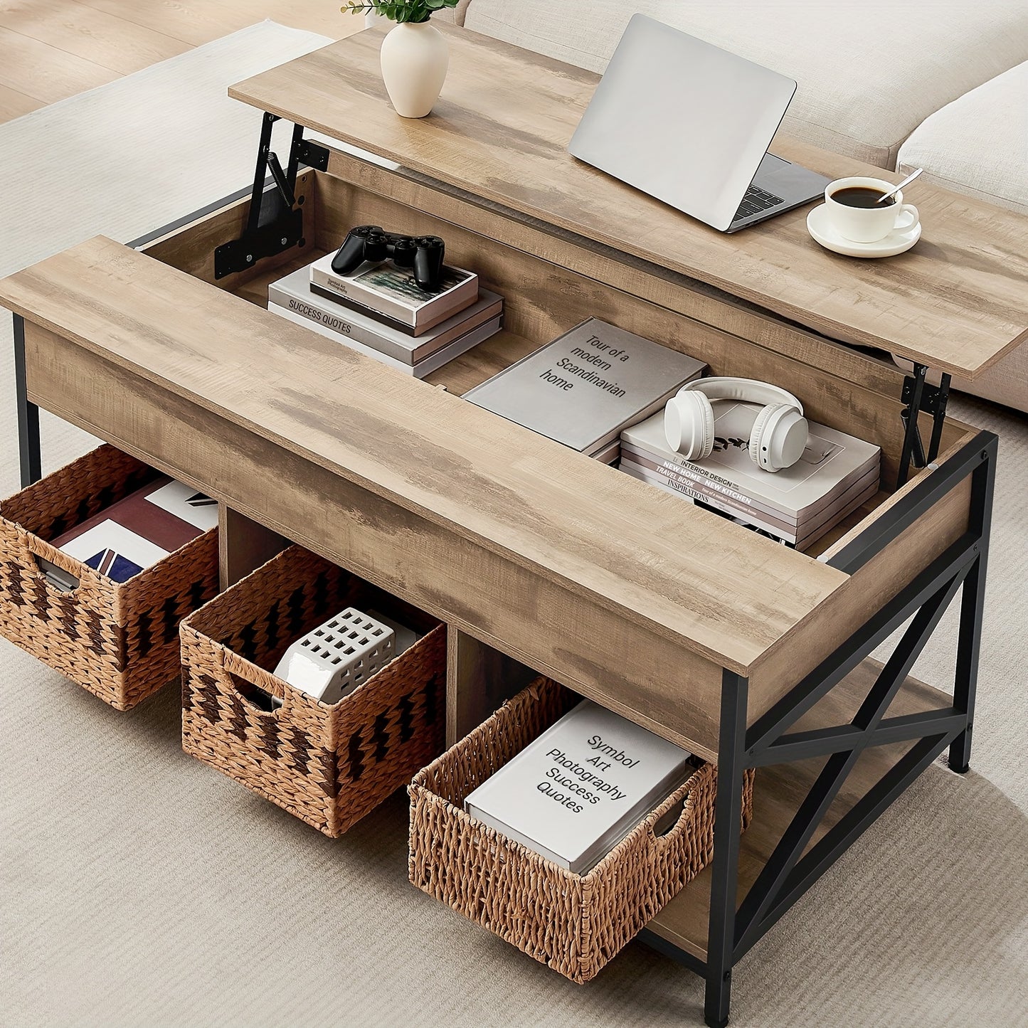 Lift-Top Salontafel – Koffietafel – Multifunctionele Tafel – Opbergtafel – Verstelbare Tafel – Massief Hout Camelbruin – Verhoogbaar Tafelblad 48-62 cm – Stevige X-Vormige Stalen Steun
