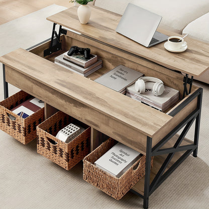 Lift-Top Salontafel – Koffietafel – Multifunctionele Tafel – Opbergtafel – Verstelbare Tafel – Massief Hout Camelbruin – Verhoogbaar Tafelblad 48-62 cm – Stevige X-Vormige Stalen Steun