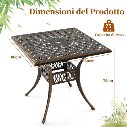 Vierkante Tuin- en Balkontafel – Bistrotafel – Tuinmeubel – Terrastafel – Parasoltafel – Gietaluminium – Verstelbare Poten – Parasolgat 4,8 cm