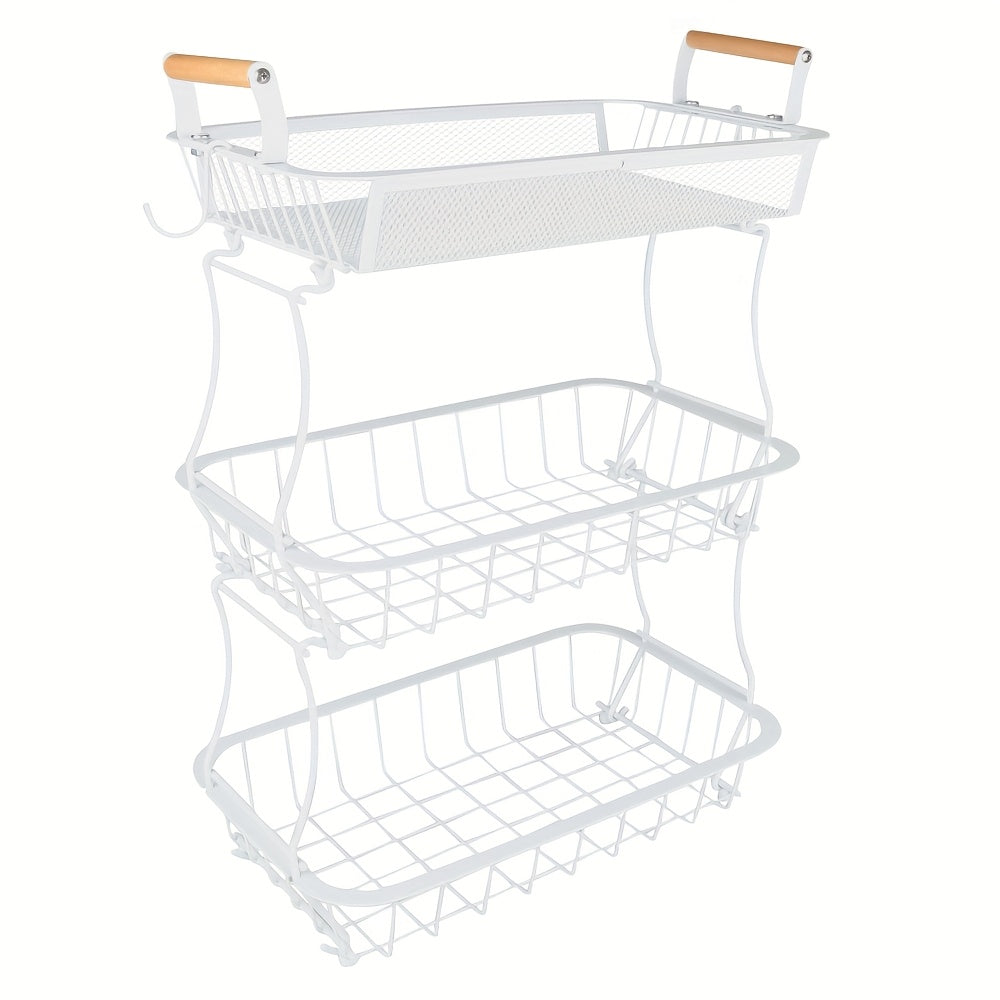 3-Tier White Carbon Steel Storage Basket With Wooden Handles - Multi-Purpose Organizer For Kitchen, Bathroom, Living Room & Under Sink | Durable, Space-Saving Design (37x22x55cm), Shelf Baskets
