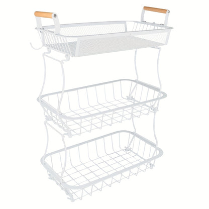 3-Tier White Carbon Steel Storage Basket With Wooden Handles - Multi-Purpose Organizer For Kitchen, Bathroom, Living Room & Under Sink | Durable, Space-Saving Design (37x22x55cm), Shelf Baskets