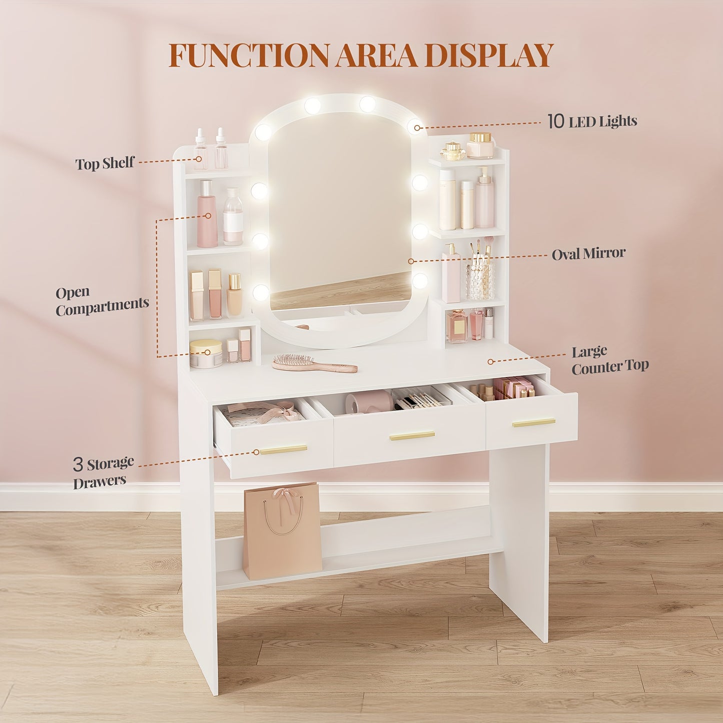 Make-up Tafel – Kaptafel – Schminktisch – Make-up Organizer – Cosmetica Tafel – Wit MDF – LED Verlichting Met 3 Lichtstanden – 40x90x144 cm