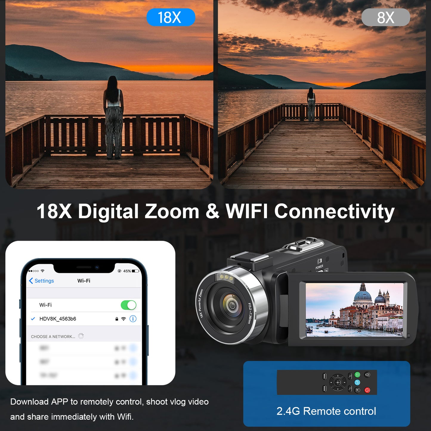 Videocamera – Camcorder – Vlogcamera – Filmcamera – Digitale Camera – 8K Ultra HD Resolutie – 18x Digitale Zoom & Infrarood Nachtvisie