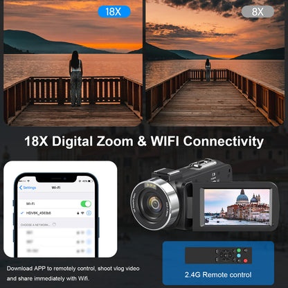 Videocamera – Camcorder – Vlogcamera – Filmcamera – Digitale Camera – 8K Ultra HD Resolutie – 18x Digitale Zoom & Infrarood Nachtvisie